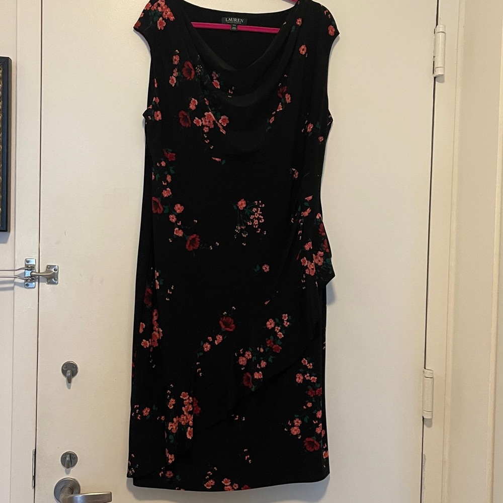 Ralph Lauren Black Dress with elegant ruffle and Pink Accent flowers